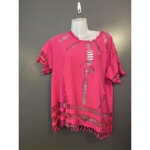 Distressed Pink Shredded Fringe Shirt Womens Large Boho Festival Ripped Tee Top
